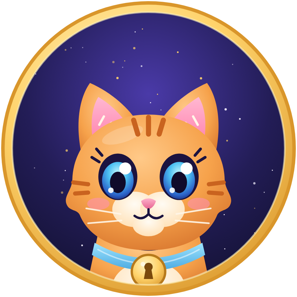 $PURR token logo: Purrsonal the cat on a starry gold coin